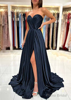 A-line Sweetheart Strapless Sweep Train Charmeuse Prom Dresses With Pleated Split