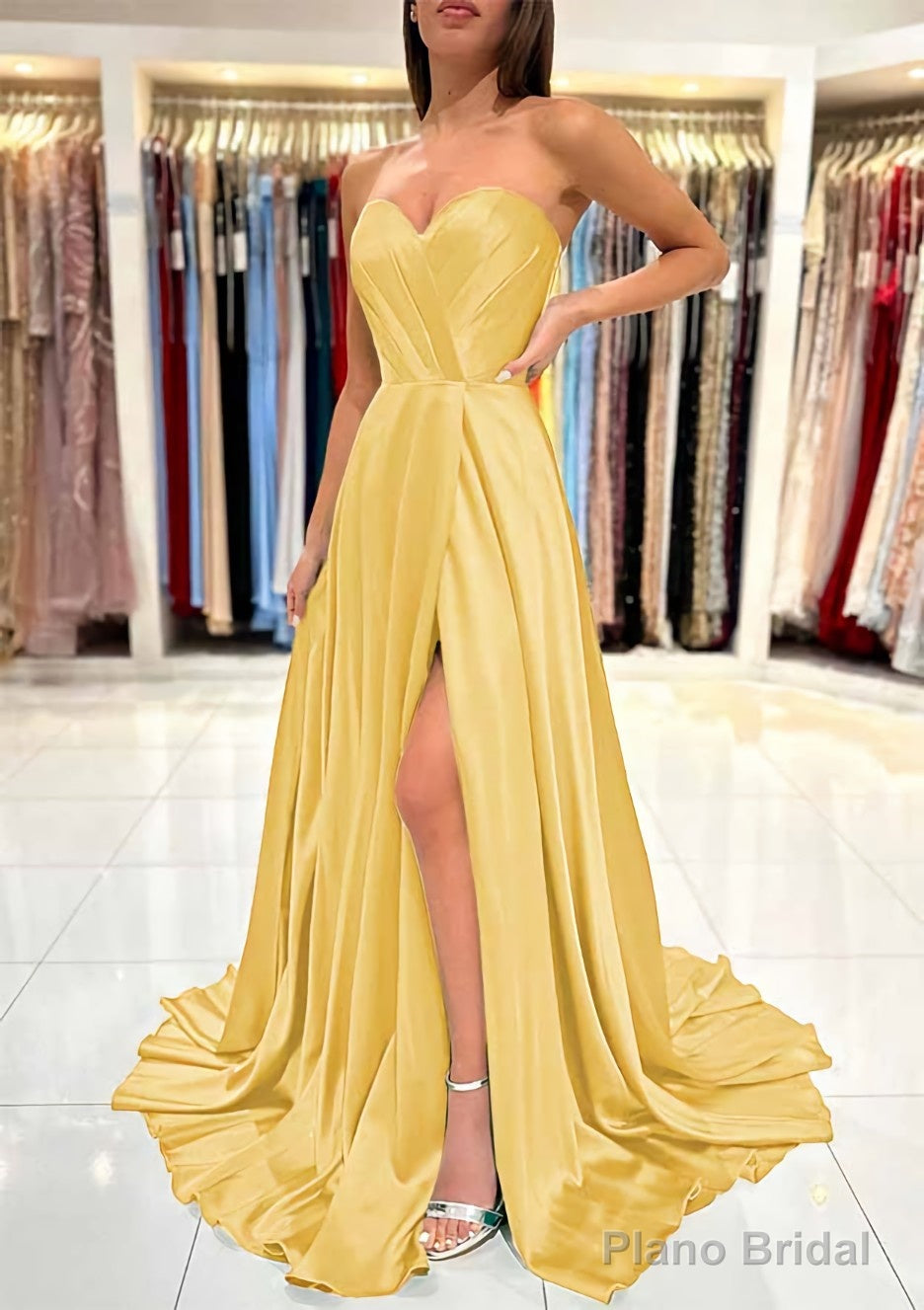 A-line Sweetheart Strapless Sweep Train Charmeuse Prom Dresses With Pleated Split