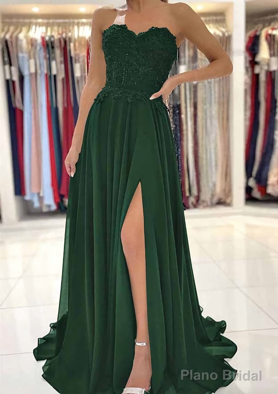 A-line Sweetheart Sweep Train Chiffon Prom Dresses With Lace Beading Split