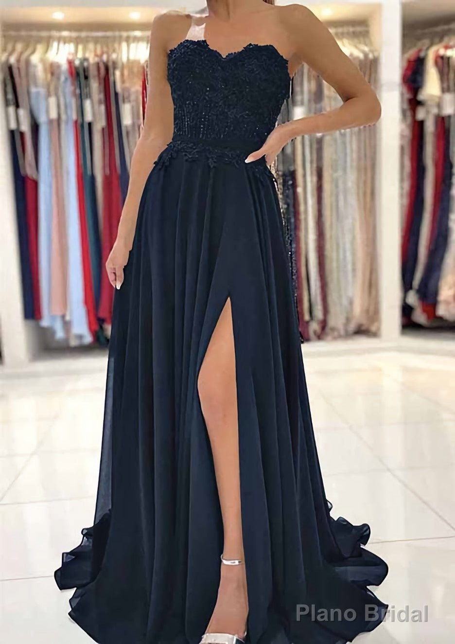 A-line Sweetheart Sweep Train Chiffon Prom Dresses With Lace Beading Split Secondary image