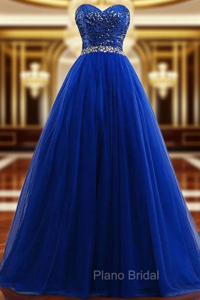 A-Line Sweetheart Tulle Sequins Formal Prom Dresses With Beading Main image