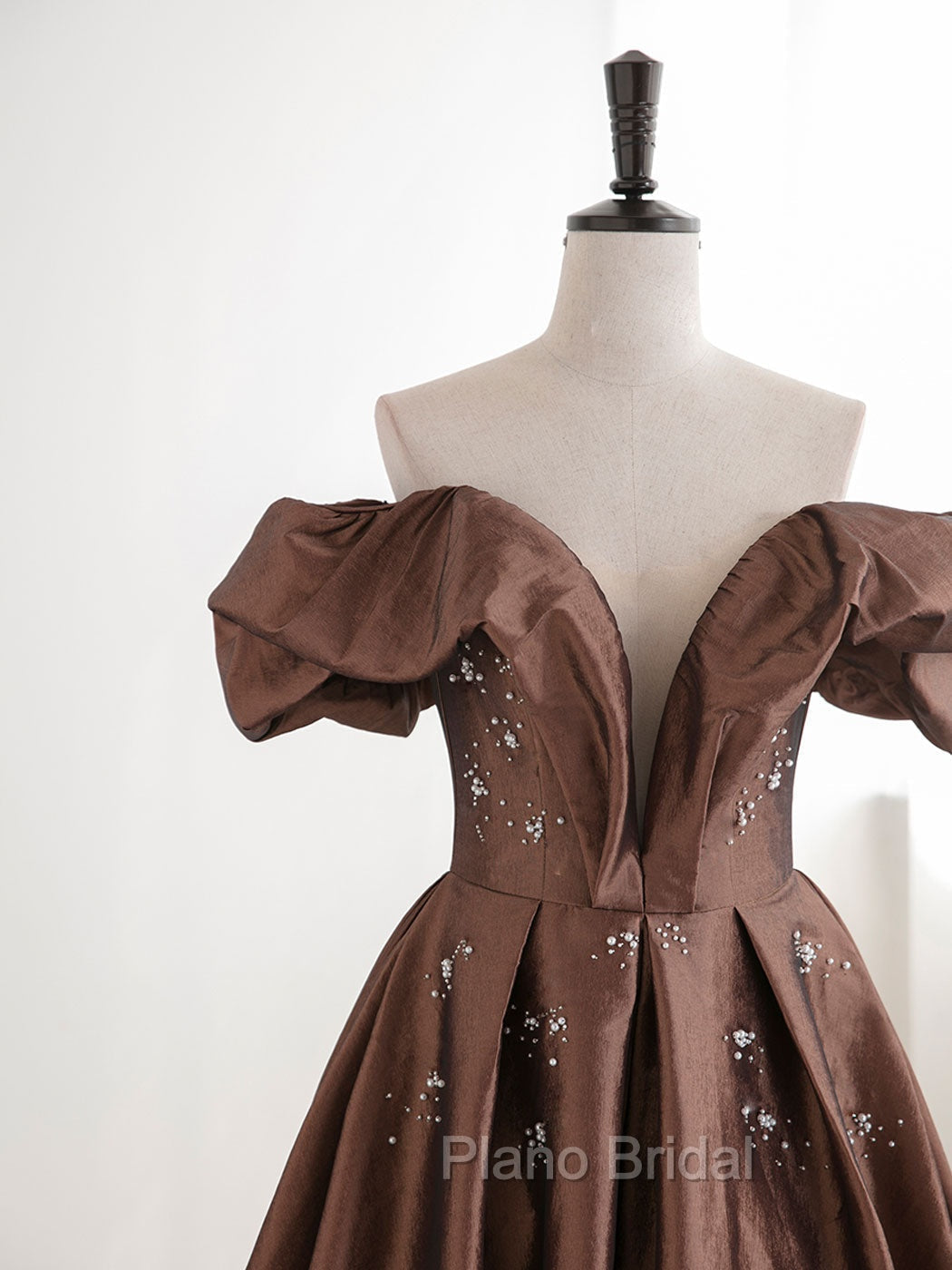 A-Line Tea length Brown Formal Prom Dresses, Off Shoulder Brown Formal Dresses with Beading Secondary image