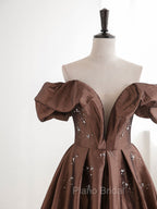 A-Line Tea length Brown Formal Prom Dresses, Off Shoulder Brown Formal Dresses with Beading