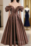A-Line Tea length Brown Formal Prom Dresses, Off Shoulder Brown Formal Dresses with Beading
