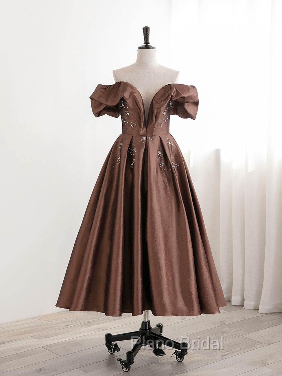A-Line Tea length Brown Formal Prom Dresses, Off Shoulder Brown Formal Dresses with Beading