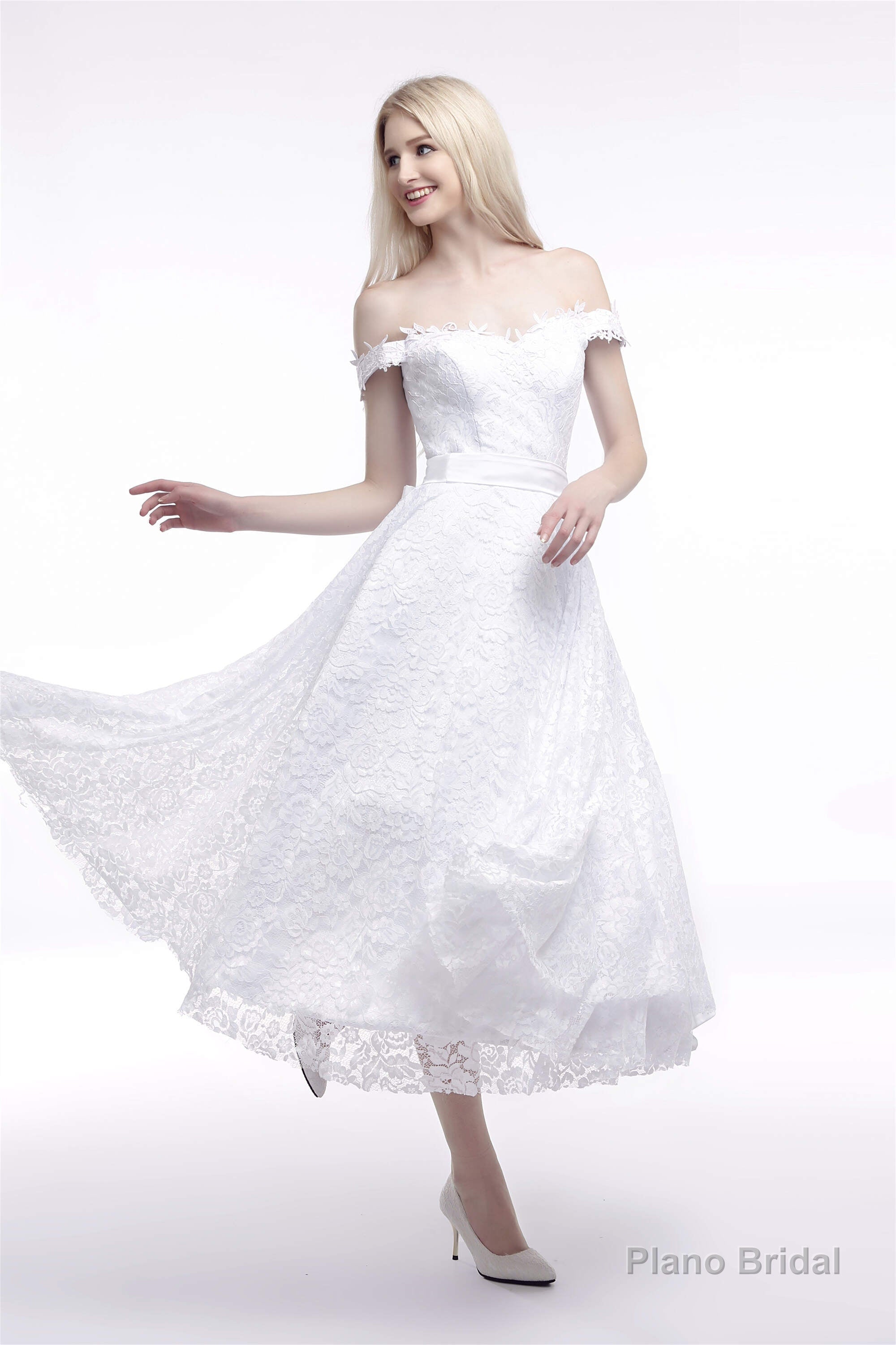 A Line Tea Length Lace Off Shoulder Mid-length Wedding Dresses Secondary image