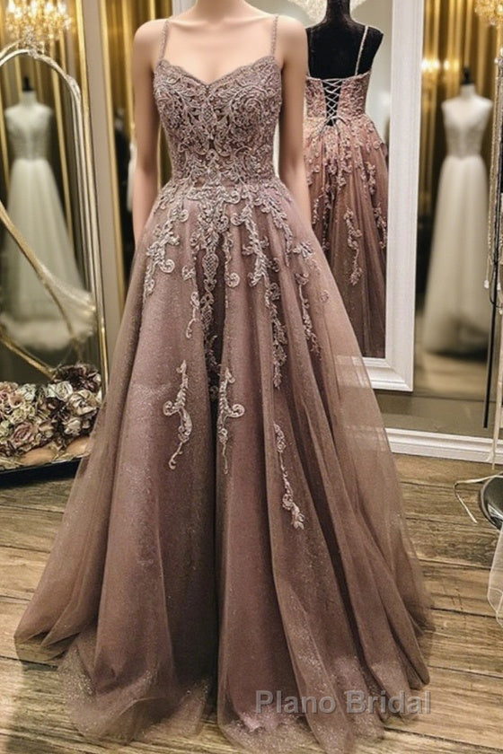 A Line Thin Strap Lace Long Formal Prom Dress, Lace Formal Dress, Evening Dress Main image
