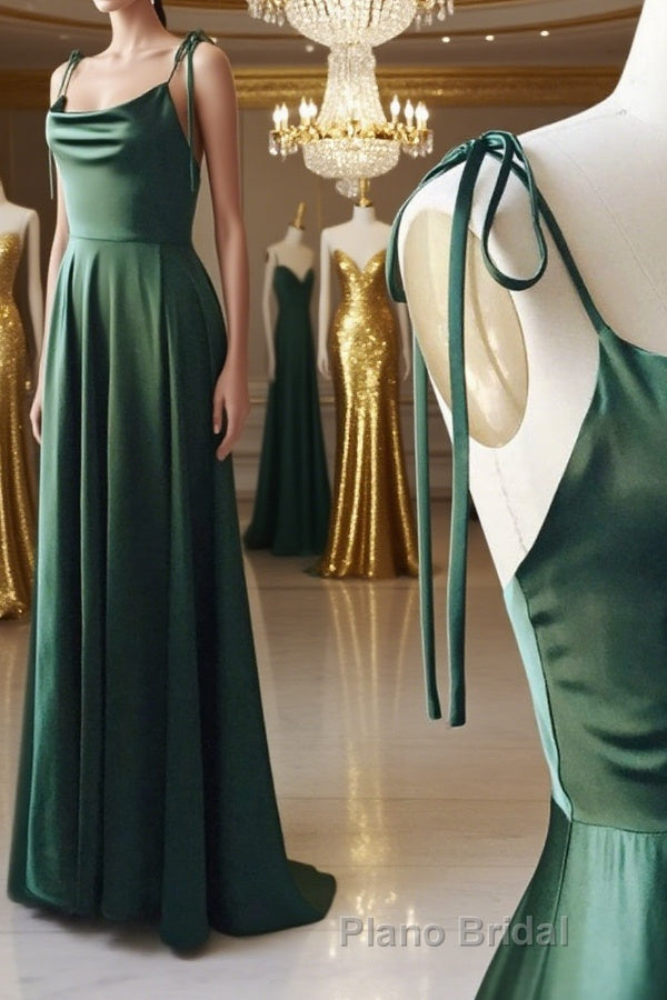 A Line Thin Straps Green Long Formal Prom Dresses, Green Formal Graduation Evening Dresses