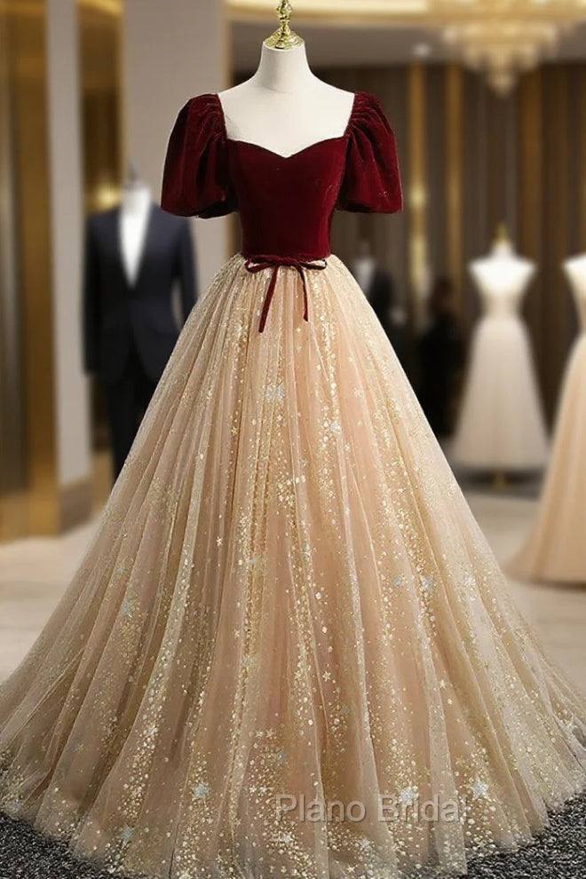 A-line Tulle and Velvet Short Sleeves Party Dresses, Sweetheart Long Formal Prom Dresses Main image