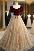 A-line Tulle and Velvet Short Sleeves Party Dresses, Sweetheart Long Formal Prom Dresses