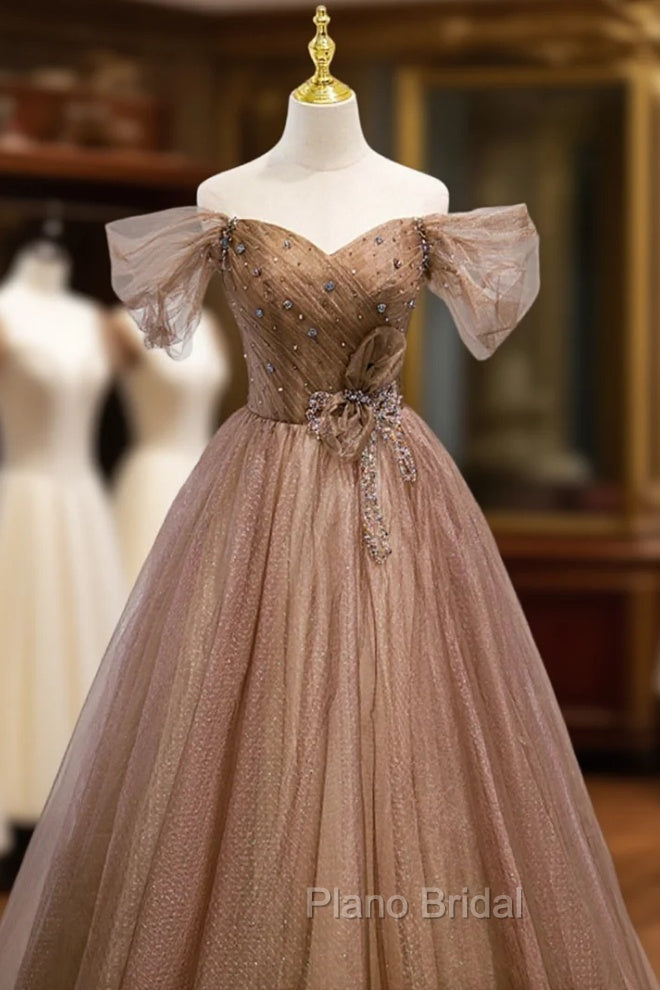 A-Line Tulle Beaded Long Formal Dresses, Off the Shoulder Evening Dresses