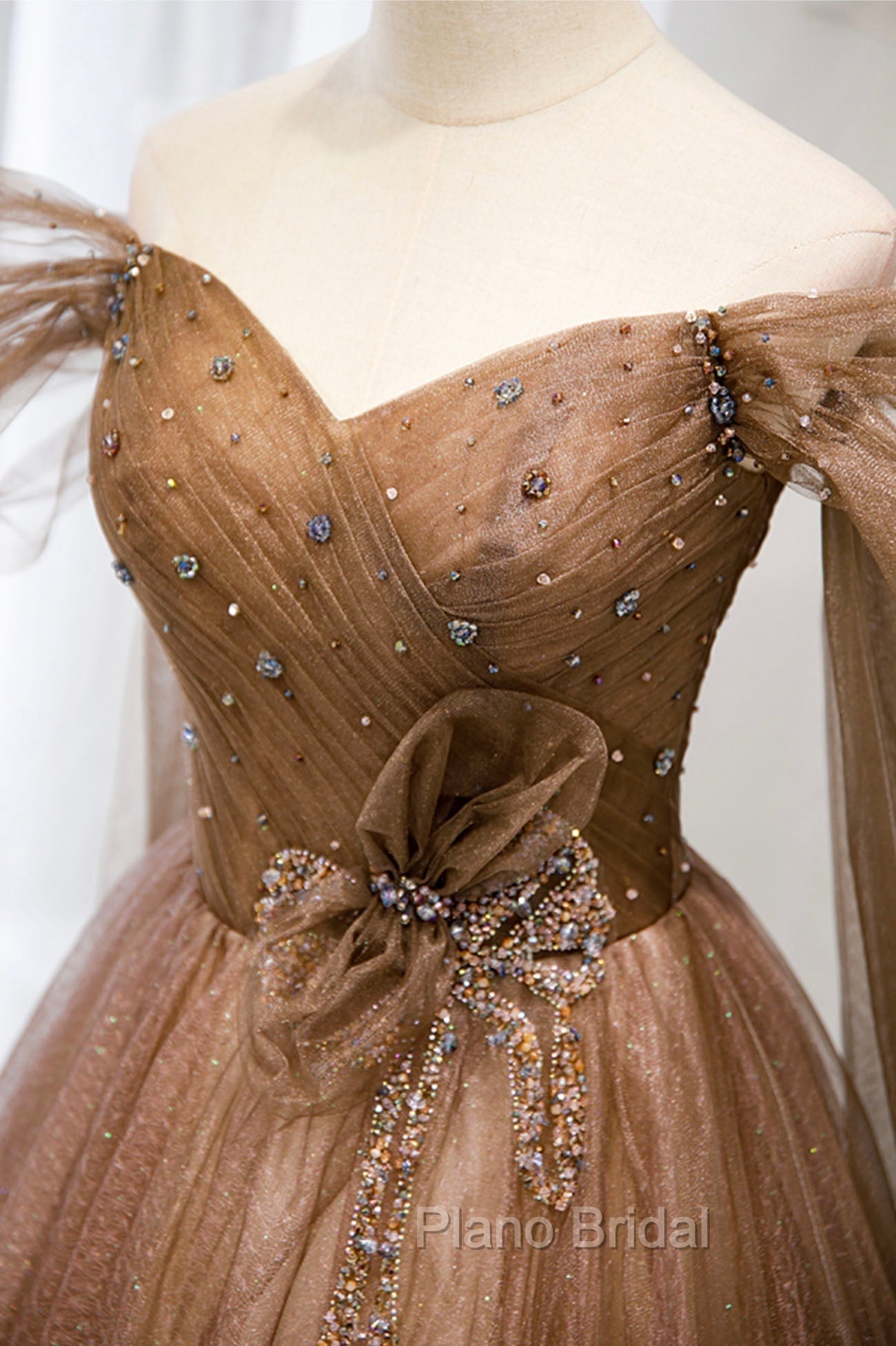 A-Line Tulle Beaded Long Formal Dresses, Off the Shoulder Evening Dresses