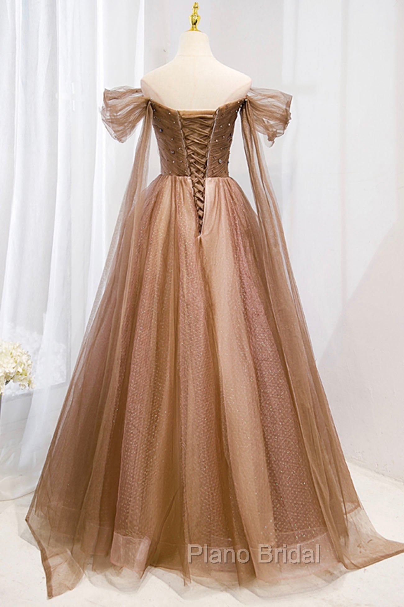 A-Line Tulle Beaded Long Formal Dresses, Off the Shoulder Evening Dresses