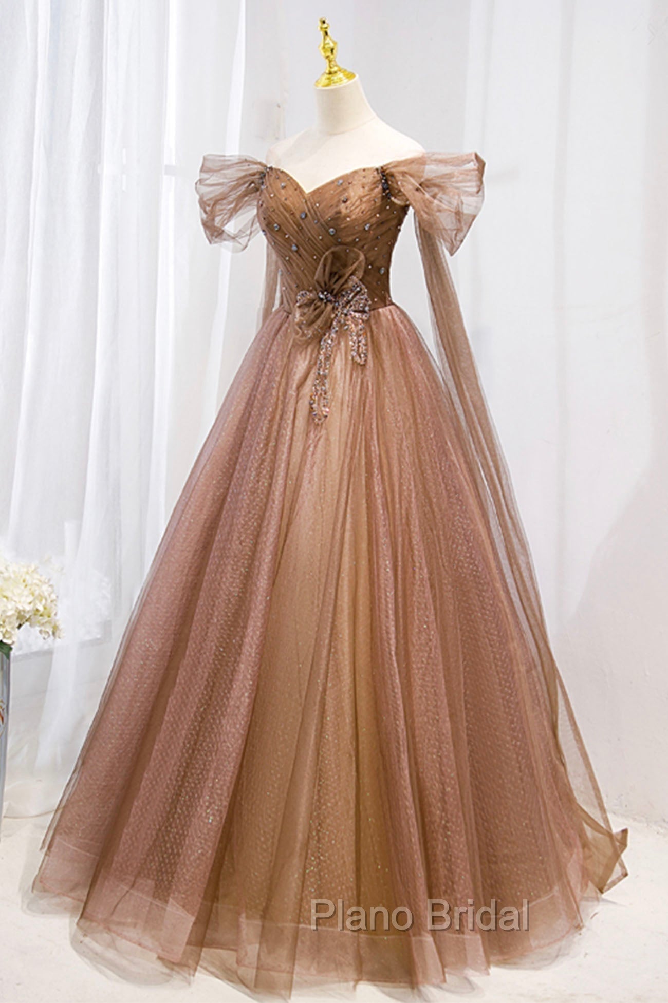 A-Line Tulle Beaded Long Formal Dresses, Off the Shoulder Evening Dresses Main image