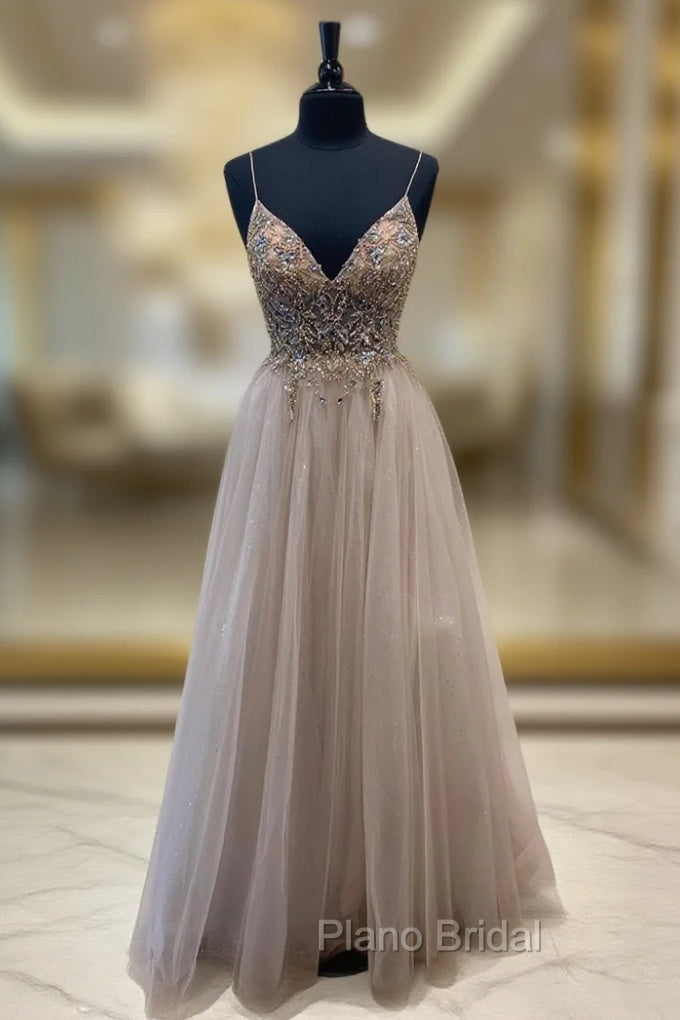 A-Line Tulle Beaded Long Formal Prom Dresses, Cute V-Neck Evening Party Dresses Main image