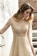 A-Line Tulle Beading Handwork Long Sleeves Prom Dresses