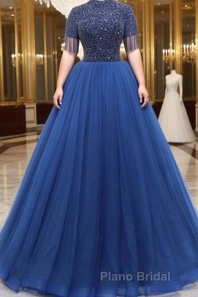 A-Line Tulle Blue Long Formal Prom Dress, Blue Formal Evening Dress with Beading