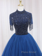 A-Line Tulle Blue Long Formal Prom Dress, Blue Formal Evening Dress with Beading