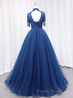 A-Line Tulle Blue Long Formal Prom Dress, Blue Formal Evening Dress with Beading
