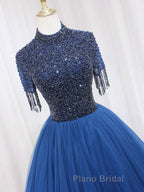 A-Line Tulle Blue Long Formal Prom Dress, Blue Formal Evening Dress with Beading