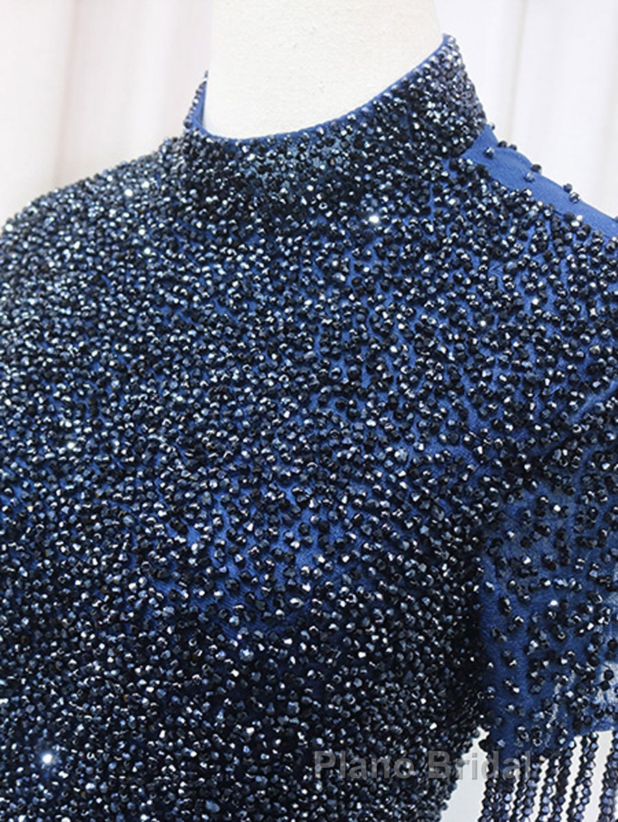 A-Line Tulle Blue Long Formal Prom Dress, Blue Formal Evening Dress with Beading