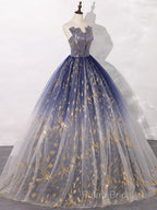 A-Line Tulle Blue Long Formal Prom Dresses, Blue Tulle Long Formal Dresses