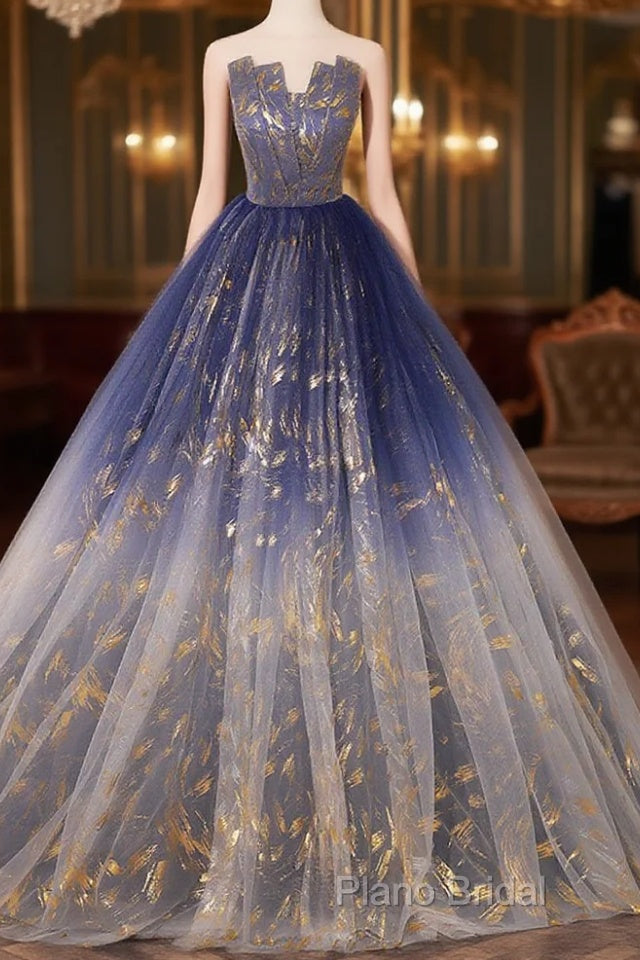 A-Line Tulle Blue Long Formal Prom Dresses, Blue Tulle Long Formal Dresses Main image