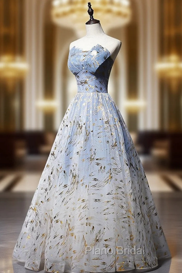 A-Line Tulle Blue Long Formal Prom Dresses, Blue Tulle Formal Graduation Dresses Main image