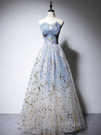 A-Line Tulle Blue Long Formal Prom Dresses, Blue Tulle Formal Graduation Dresses