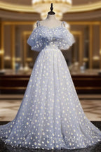 A-line Tulle Blue Off Shoulder Formal Prom Dresses, Long Evening Dresses Party Dresses
