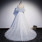 A-line Tulle Blue Off Shoulder Formal Prom Dresses, Long Evening Dresses Party Dresses