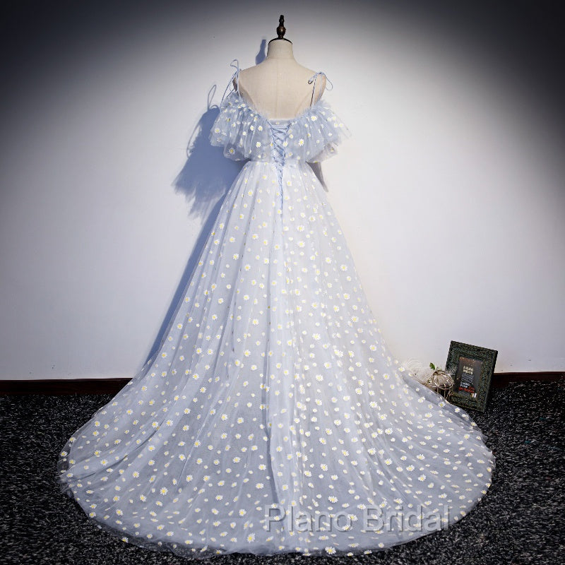 A-line Tulle Blue Off Shoulder Formal Prom Dresses, Long Evening Dresses Party Dresses