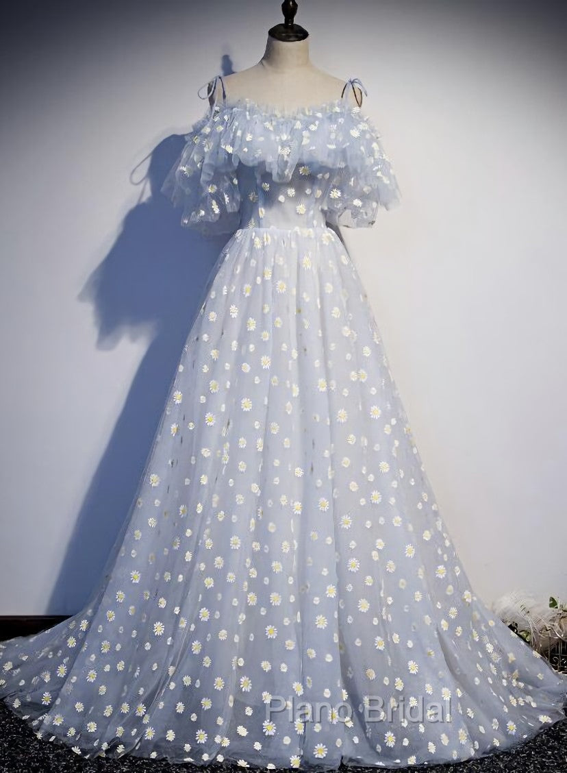 A-line Tulle Blue Off Shoulder Formal Prom Dresses, Long Evening Dresses Party Dresses Secondary image
