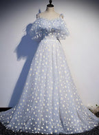 A-line Tulle Blue Off Shoulder Formal Prom Dresses, Long Evening Dresses Party Dresses
