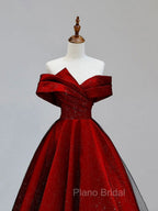 A-Line Tulle Burgundy Long Formal Prom Dresses, Burgundy Formal Dresses