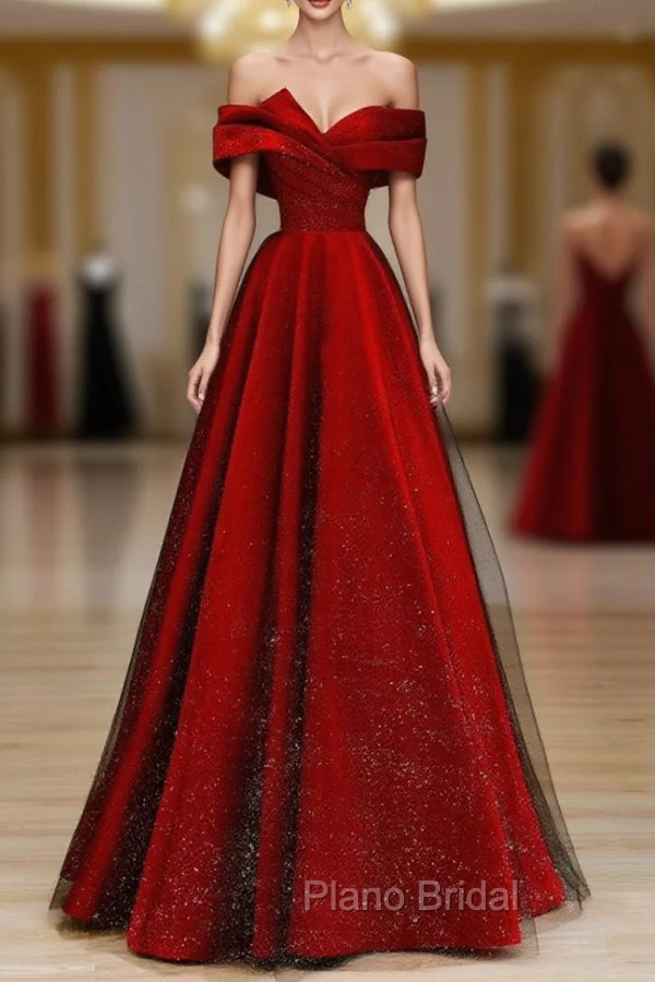 A-Line Tulle Burgundy Long Formal Prom Dresses, Burgundy Formal Dresses Main image