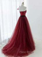 A-Line Tulle Burgundy Long Formal Prom Dresses, Burgundy Formal Evening Dresses