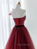 A-Line Tulle Burgundy Long Formal Prom Dresses, Burgundy Formal Evening Dresses