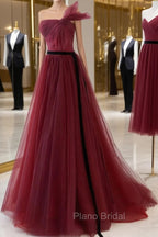 A-Line Tulle Burgundy Long Formal Prom Dresses, Burgundy Formal Evening Dresses
