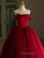 A-Line Tulle Burgundy Long Formal Prom Dresses, Burgundy Long Formal Dresses