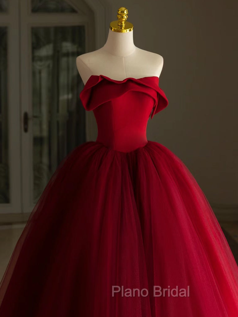 A-Line Tulle Burgundy Long Formal Prom Dresses, Burgundy Long Formal Dresses