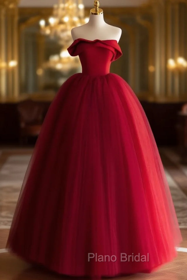 A-Line Tulle Burgundy Long Formal Prom Dresses, Burgundy Long Formal Dresses Main image