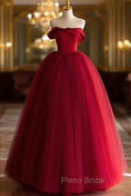 A-Line Tulle Burgundy Long Formal Prom Dresses, Burgundy Long Formal Dresses