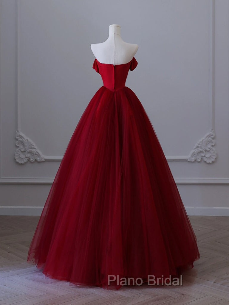A-Line Tulle Burgundy Long Formal Prom Dresses, Tulle Burgundy Long Formal Dresses