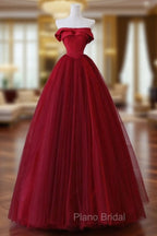 A-Line Tulle Burgundy Long Formal Prom Dresses, Tulle Burgundy Long Formal Dresses