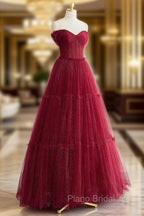 A-Line Tulle Burgundy Long Formal Prom Dresses, Tulle Long Formal Dresses