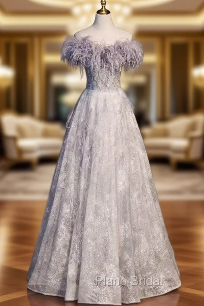 A-Line Tulle Feather Beading Formal Prom Dresses Main image