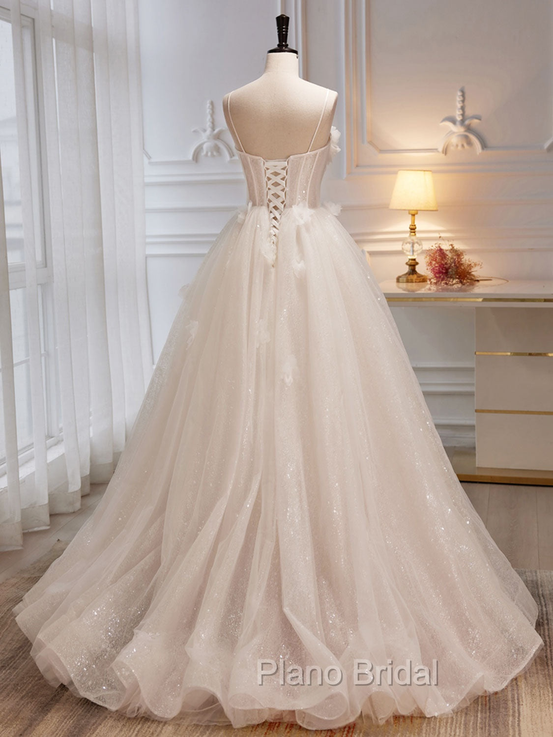 A-Line Tulle Flower Light Champagne Long Formal Prom Dresses, Shiny Formal Dresses