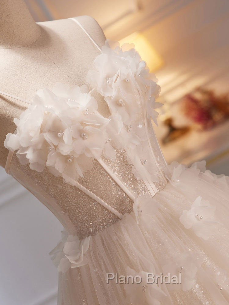 A-Line Tulle Flower Light Champagne Long Formal Prom Dresses, Shiny Formal Dresses