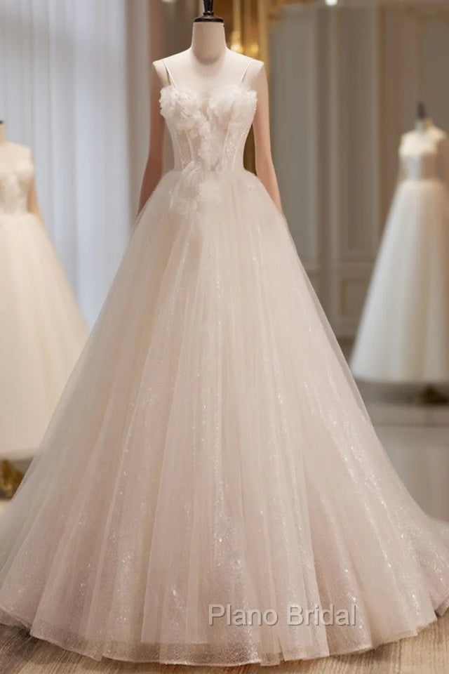 A-Line Tulle Flower Light Champagne Long Formal Prom Dresses, Shiny Formal Dresses Main image